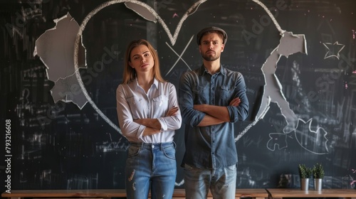 Unhappy young couple standing with arms crossed against a chalkboard backdrop featuring a drawn broken heart, symbolizing relationship troubles.