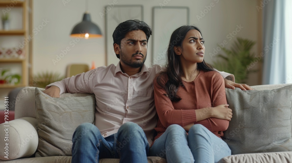 Young Indian Couple Sitting Back To Back On Couch At Home, Upset Eastern Man And Woman Offended After Domestic Quarrel, Suffering Family Conflicts And Problems In Relationship, Free Space Young Indian Couple Sitting Back To Back On Couch At Home, Upset Eastern Man And Woman Offended After Domestic Quarrel, Suffering Family Conflicts And Problems In Relationship, Free Space