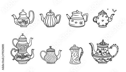 Set of teapots in doodle style. Tea house, tea shop. Hand drawn. Great for banner, posters, cards and professional design.
