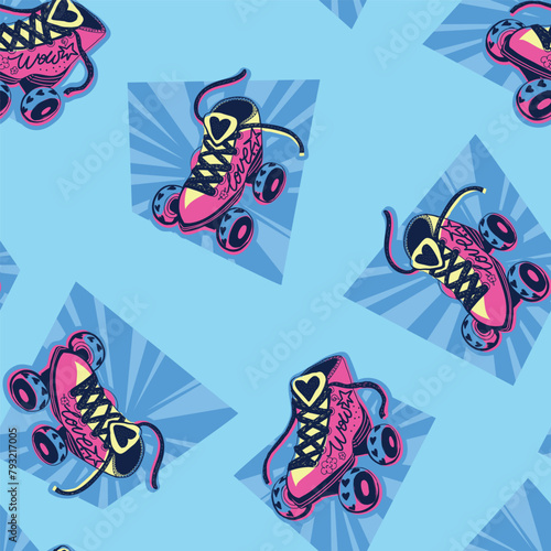 Seamless pattern Pair of vintage roller skates 80s style. Sketch style girlish roller skates print. Comics style shoes