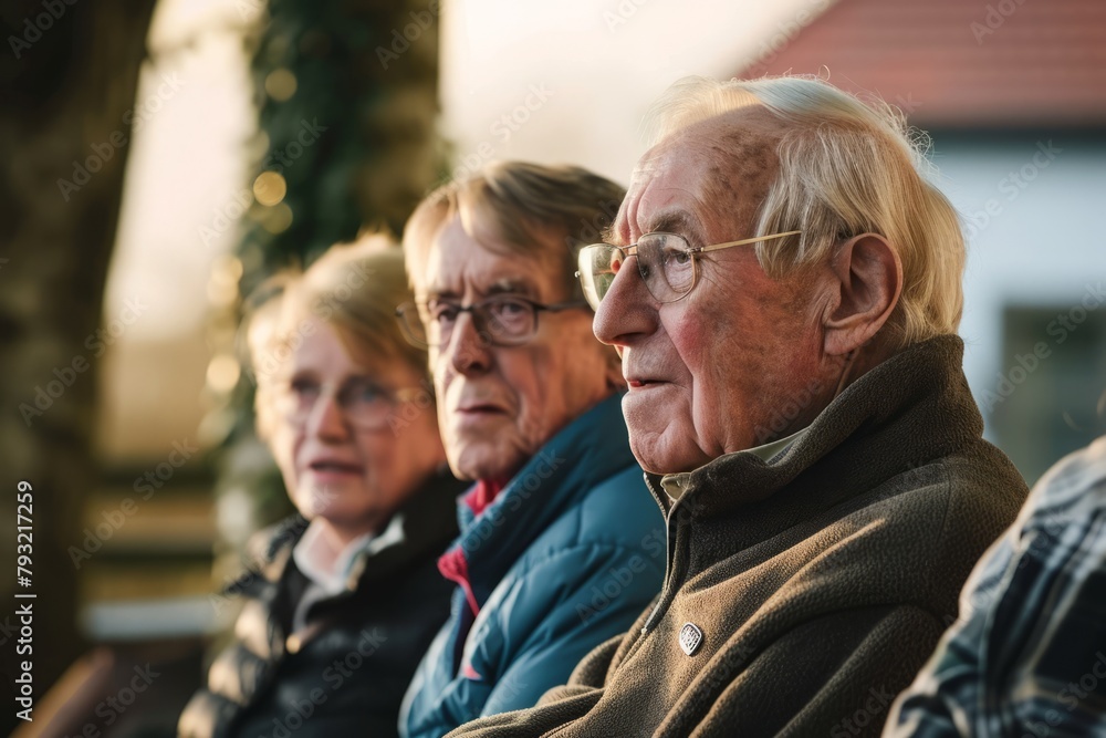 Elderly people sitting in a row on the terrace of the house Elderly people sitting in a row on the terrace of the house