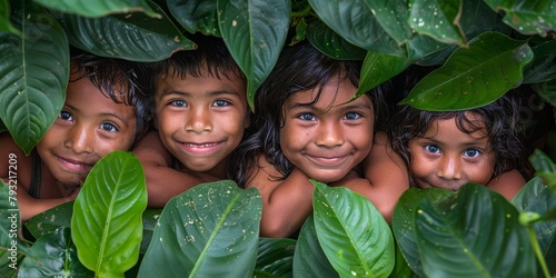 Gleeful Amazonian inhabitants Children Share Joyful Moments Together Amidst the Lush Greenery of the Tropics, Generative AI