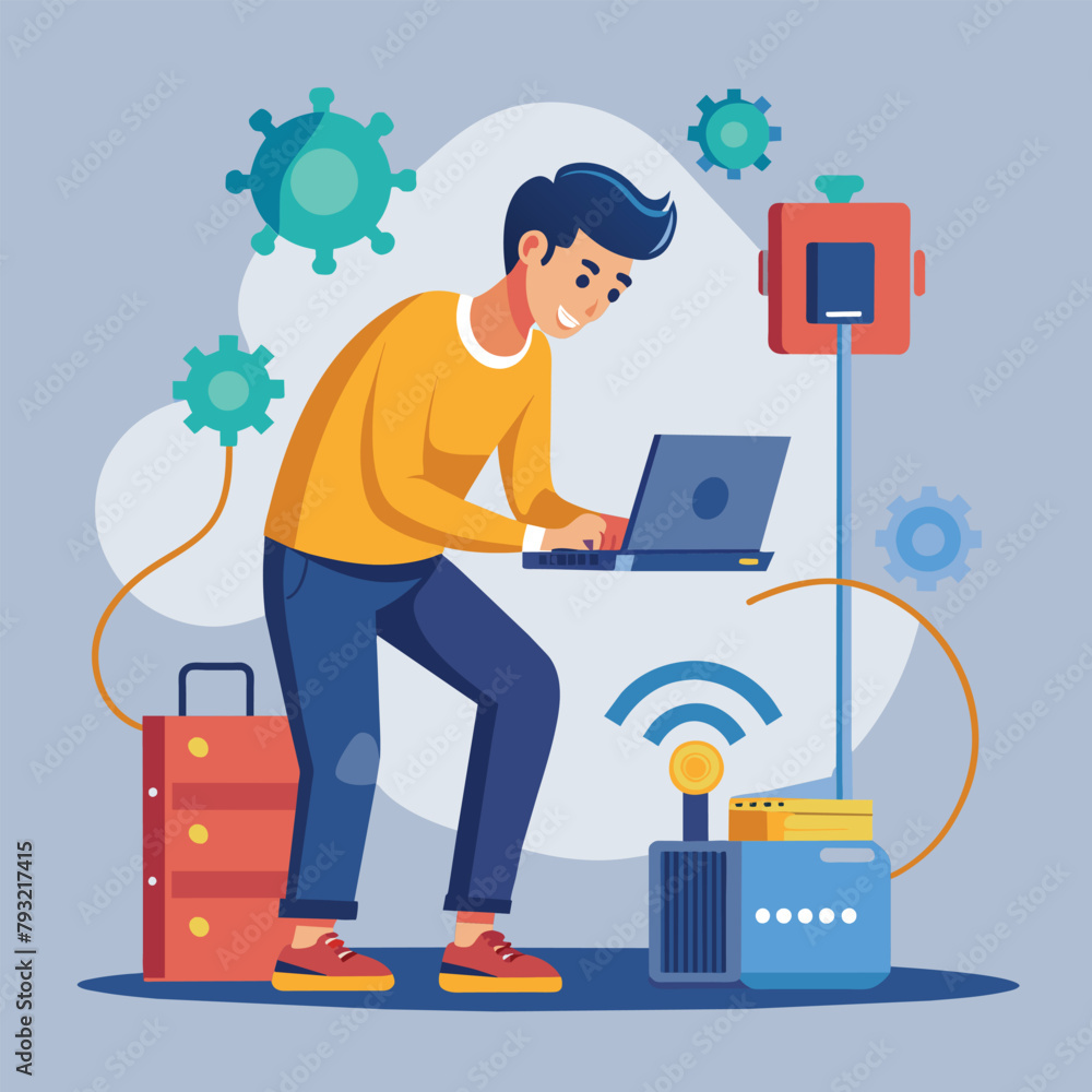 A man sitting outdoors on a suitcase, working on a laptop to repair the internet network, man is working on repairing the internet network, Simple and minimalist flat Vector Illustration