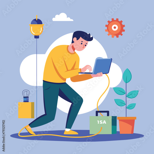Man Running With Laptop on Lap, man is working on repairing the internet network, Simple and minimalist flat Vector Illustration