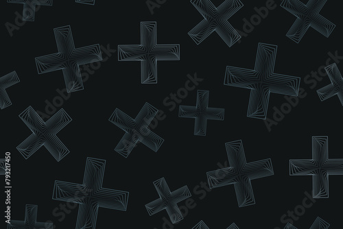 Geometric wireframe plus sign seamless pattern. Cross sign repeat ornament painted plus symbol. Vector illustration.