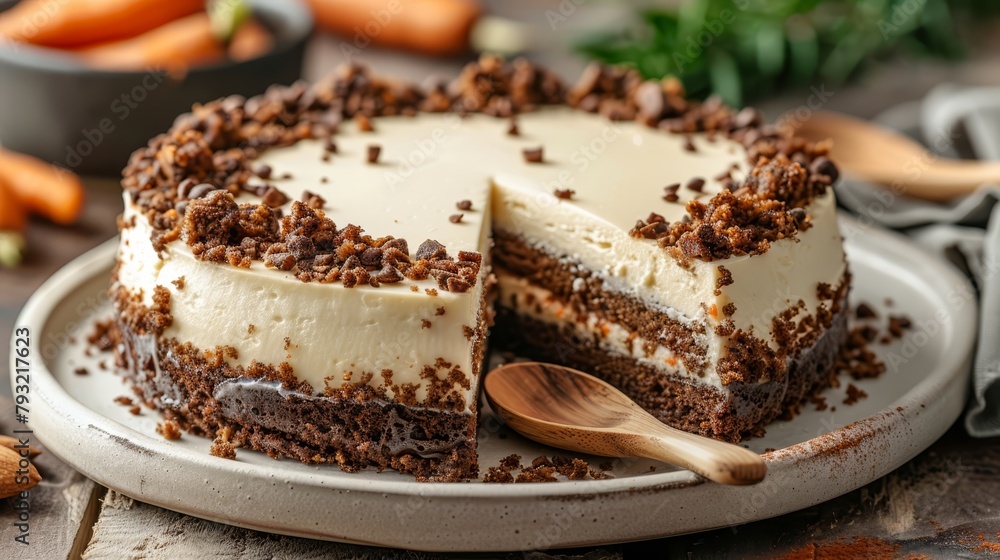 A tight shot of a cake sliced on a plate, nearby carrots in the background A tight shot of a cake sliced on a plate, nearby carrots in the background