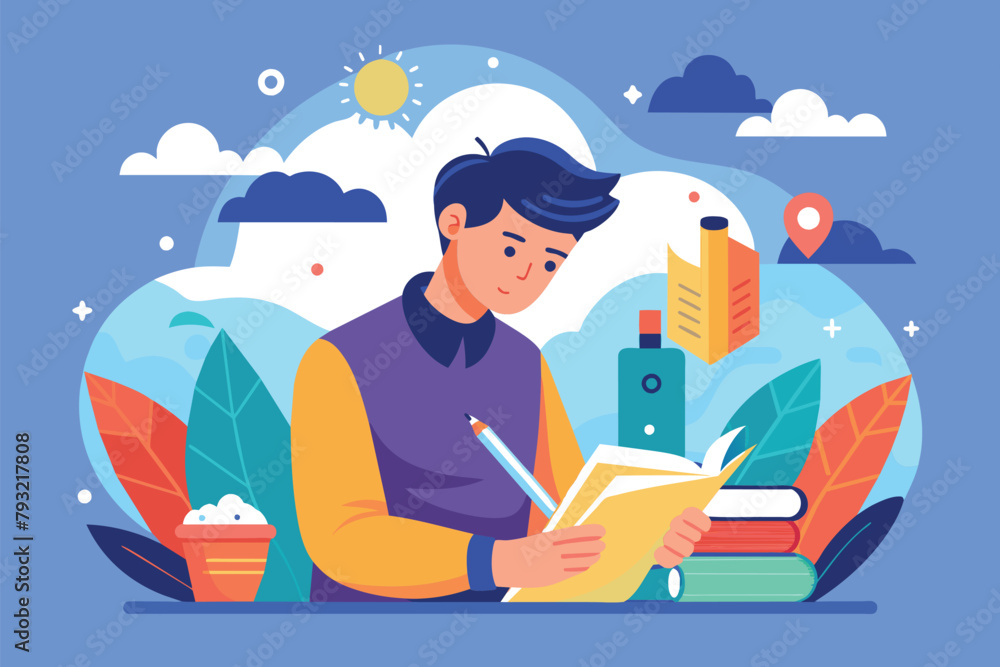 Obraz premium A man seated at a table holding a book and pen, seemingly engaged in writing or studying, man is writing in a book, Simple and minimalist flat Vector Illustration