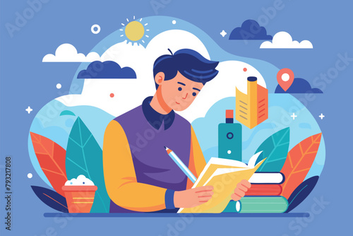 A man seated at a table holding a book and pen, seemingly engaged in writing or studying, man is writing in a book, Simple and minimalist flat Vector Illustration