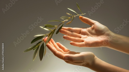 A hyper-realistic image of a pair of hands, one offering an olive branch to another, set against a stark, plain background with ample space for text on the left side.