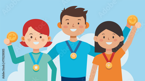 The siblings proudly showing off their homemade Family Olympics medals made by the youngest family member.