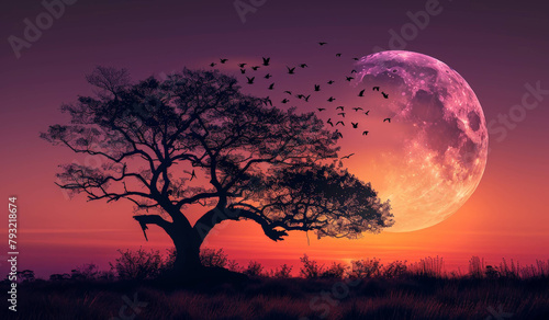 an old tree against the backdrop of a large moon