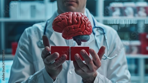 Psychology therapy concept as a doctor holding a red block to repair a compartmentalized human brain as a mental health icon for psychiatry or neurology treatment by a surgeon or research scientist photo