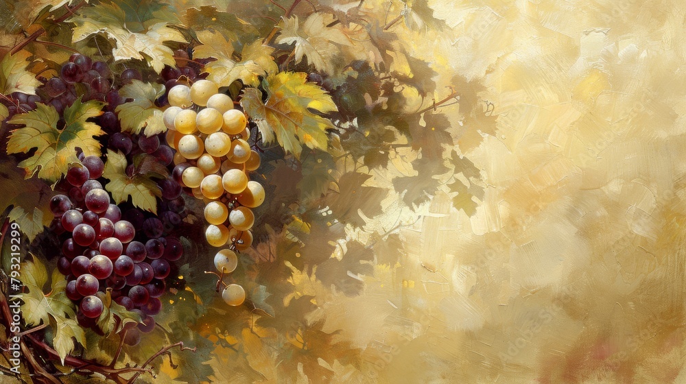 Obraz premium A painting of a bunch of grapes on the vine, AI