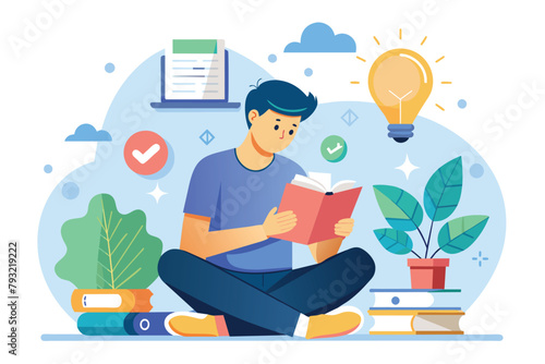 A man sitting on the floor, engrossed in reading a book, man reading book online and thinking, Simple and minimalist flat Vector Illustration