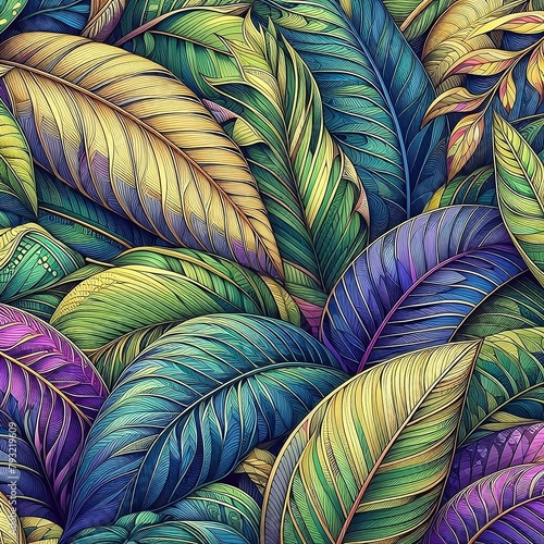 An intricate and colorful pattern of tropical leaves with various types of leaves including palm and banana leaves  rendered in rich jewel-tone colors like purples  greens  blues  and golds  detailed 