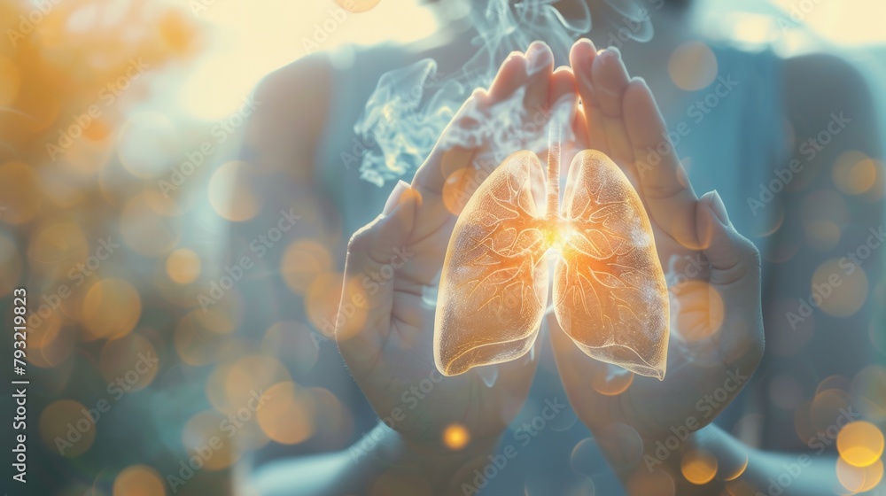 Human hands holding lung organ symbol. Awareness of pneumonia, asthma, COPD, pulmonary hypertension, world no tobacco day and eco air pollution. Respiratory and chest concept - obrazy, fototapety, plakaty 