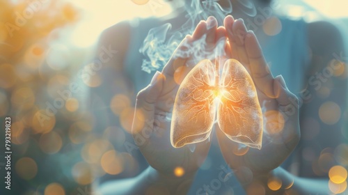 Human hands holding lung organ symbol. Awareness of pneumonia, asthma, COPD, pulmonary hypertension, world no tobacco day and eco air pollution. Respiratory and chest concept photo