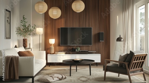 Elegant minimalist living room design featuring sleek wooden panels, modern furniture, and natural elements