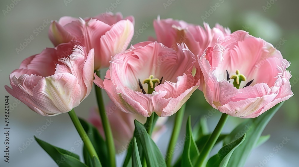   A vase with several pink tulips on a table against a softly blurred background