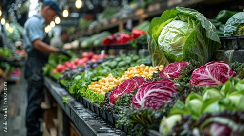 A man standing in a produce section of the market looking at vegetables, AI photo