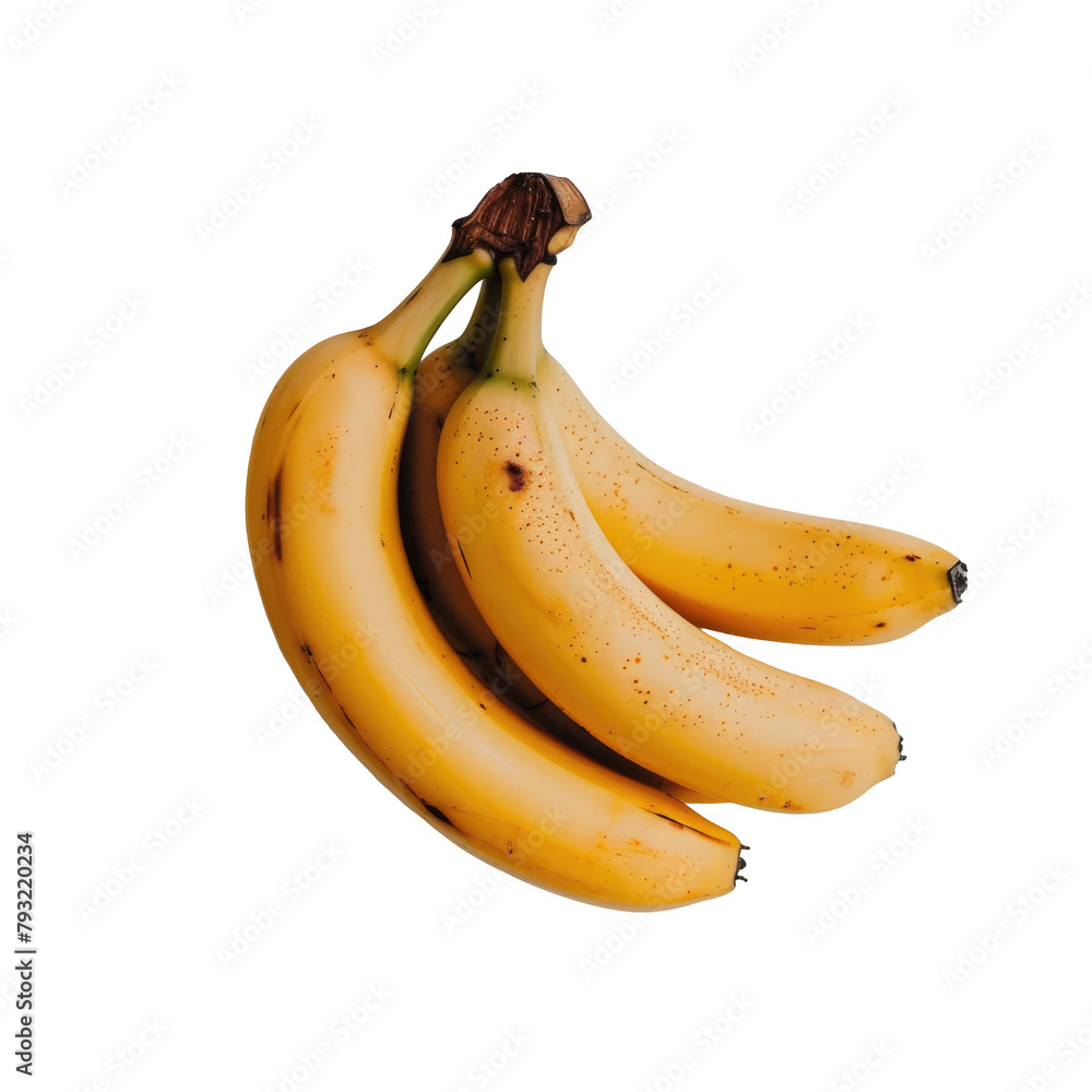 A small cluster of bright yellow bananas set against a transparent background A small cluster of bright yellow bananas set against a transparent background