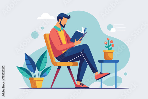 A man is seated in a chair, engrossed in reading a book, man sitting on a chair reading a book, Simple and minimalist flat Vector Illustration