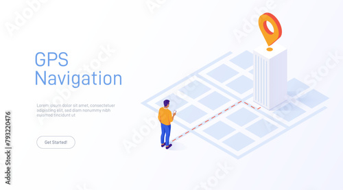Location tracking concept isometric vector illustration. Choosing shortest road. Isometric illustration with man getting direction to point in city with mobile phone.
