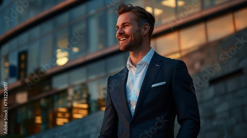 Captured with impeccable clarity, a handsome businessman in a bespoke suit shares a moment of joyous accomplishment, his smile radiating satisfaction and success.