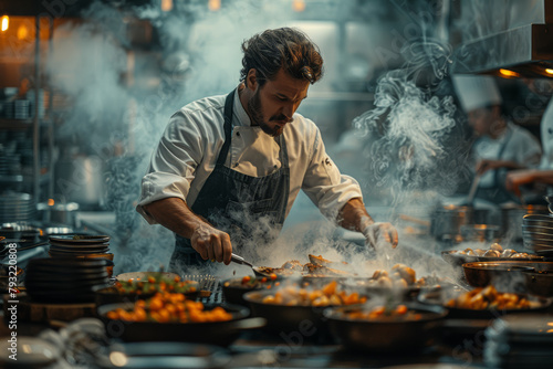 A chef joyfully preparing culinary delights in a bustling kitchen, exuding passion and creativity in every dish. Concept of culinary artistry and gastronomic pleasure. Generative Ai.
