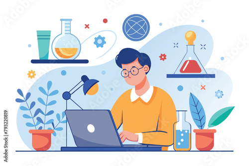 A man deeply focused on his laptop screen while working in a scientific laboratory, man studying science on the internet, Simple and minimalist flat Vector Illustration
