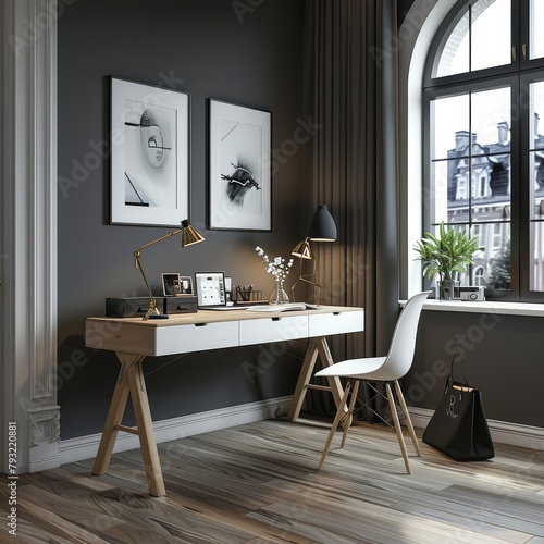 Modern home office with elegant design featuring art prints and wooden desk © Georgii