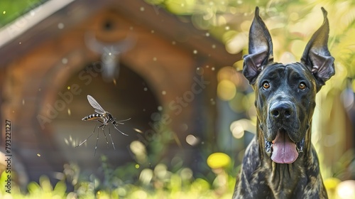 very sharp photo with intricate details of a Great Dane trying to catch an Aedes aegypti mosquito flying in front of it with its wings buzzing