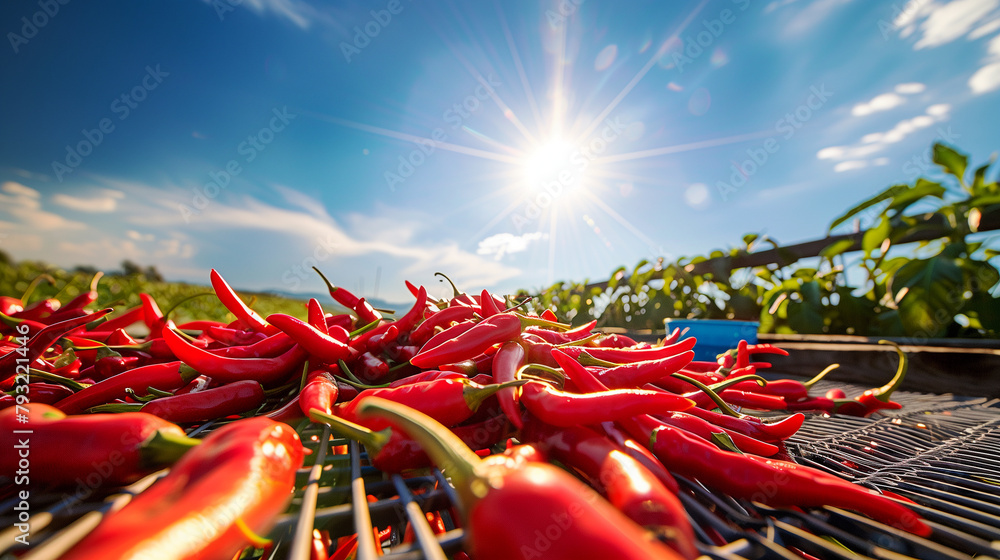 Sun-Drenched Red Chili Peppers Drying Outdoors
Sun-Drenched Red Chili Peppers Drying Outdoors