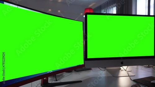 close up shot of multiple devices with green screen