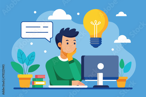 Man Sitting in Front of Computer With Light Bulb Above His Head, man thinking about ideas with cartoon light bulb on computer screen, Simple and minimalist flat Vector Illustration
