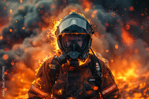 A firefighter braving flames to save lives and property, embodying courage and selflessness in the face of danger. Concept of heroism and public service. Generative Ai. photo