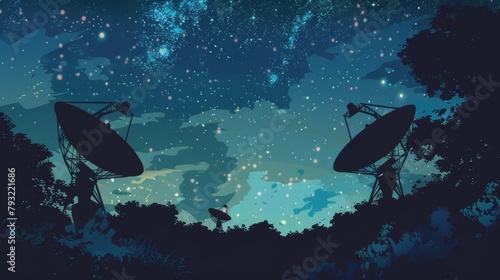 Silhouettes of satellite dishes or radio antennas against the night sky, depicting a space observatory. photo