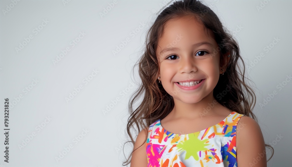 Create an artistic interpretation of a smiling Hispanic young girl posing in a studio shot. Create an artistic interpretation of a smiling Hispanic young girl posing in a studio shot.