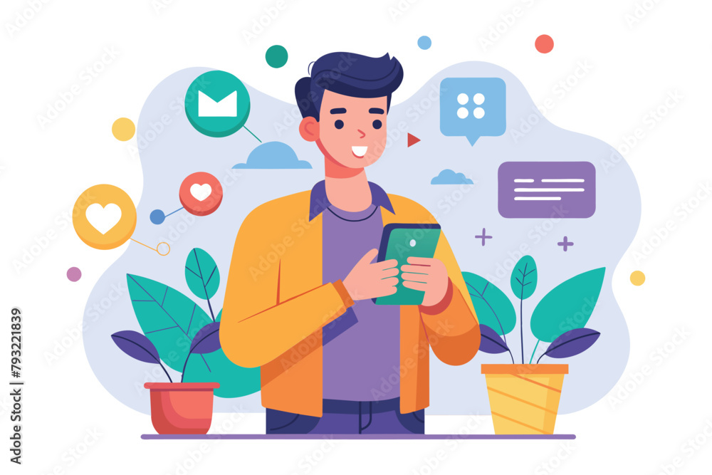 A man holding a tablet, likely for social media promotion, in front of a potted plant, man using mobile phones for social media promotion, Simple and minimalist flat Vector Illustration