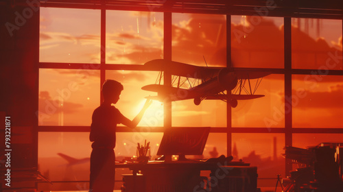 A man is sitting at a desk with a plane model in front of him photo