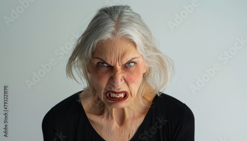 Create an artistic interpretation of an angry senior man looking at the camera, depicted in a studio shot.