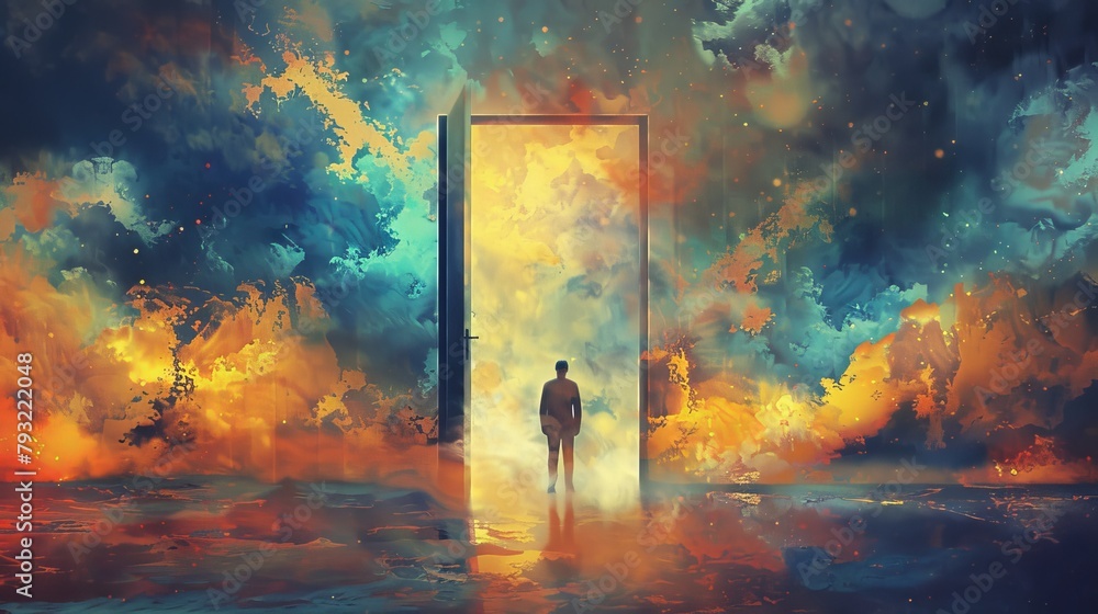 Surreal conceptual artwork illustrating the idea of nature, freedom, dreams, and success, featuring a man finding happiness amidst a landscape within a door.