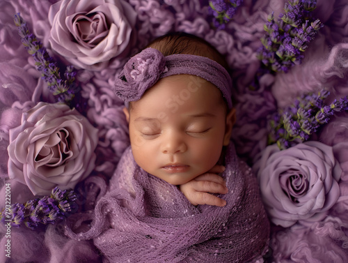 neonata serena addormentata ,avvolta in una fascia viola in mezzo a uno sfondo di fiori   viola, coroncina di fiori viola photo