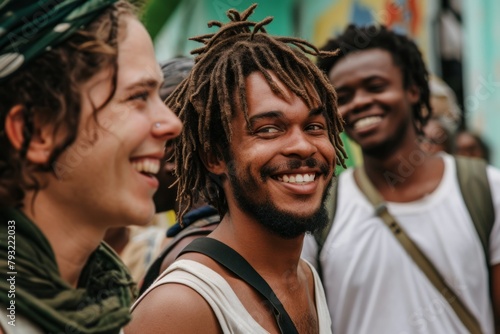 Portrait of happy man with dreadlocks laughing and looking at camera