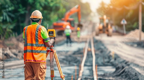 Surveyor engineers equipped with safety gear and communication devices, using a theodolite to measure positioning on a construction site with machinery in the background. photo