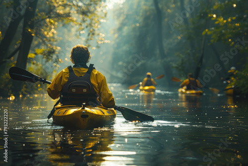 A family kayaking down a tranquil river, paddling together and admiring the beauty of the natural surroundings. Concept of water-based adventure and teamwork. Generative Ai.