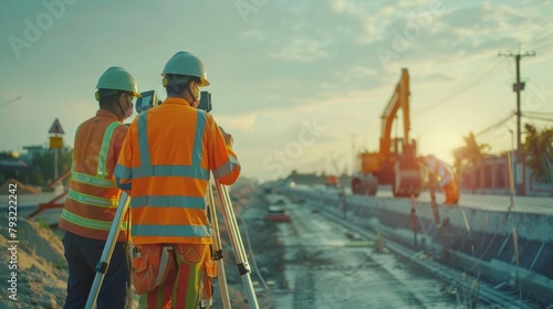 Surveyor engineers equipped with safety gear and communication devices, using a theodolite to measure positioning on a construction site with machinery in the background.