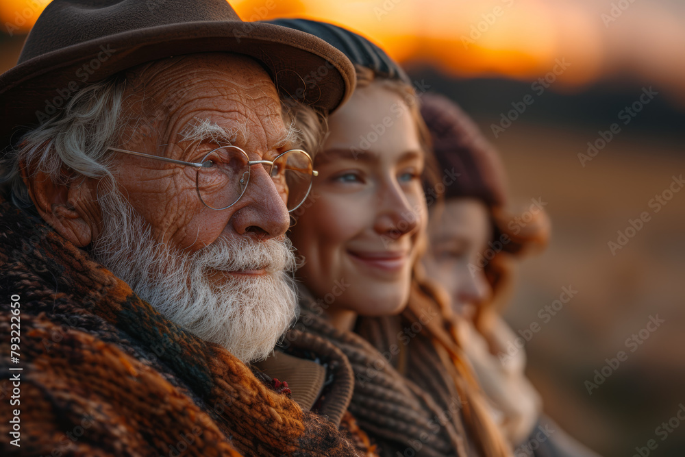 Grandparents, parents, and grandchildren embarking on a scenic train journey through breathtaking landscapes, marveling at the beauty outside the windows. Generative Ai.