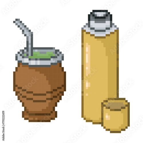 Glass of mate tea and thermos with warm water, pixel art drink