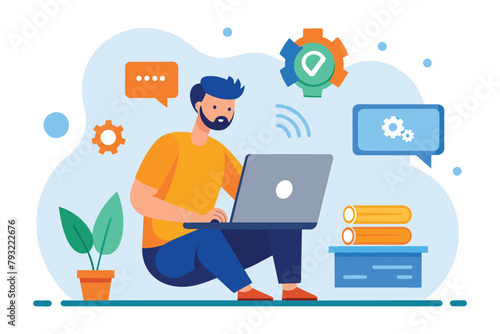 A man sitting on the floor, focused on his laptop screen while installing software updates, man with laptop installing software update, Simple and minimalist flat Vector Illustration